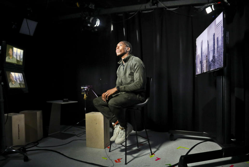 Caster Semenya, the current 800-meter Olympic gold and world champion from South Africa, and the latest recipient of the Wilma Rudolph Courage Award, speaks during an interview, Monday, Oct. 15, 2018, in New York. Semenya has filed an appeal in the Court of Arbitration for Sport against the International Association of Athletics Federations (IAAF) ruling, forcing female runners to medicate to reduce their testosterone levels for six months before racing internationally. (AP Photo/Bebeto Matthews)