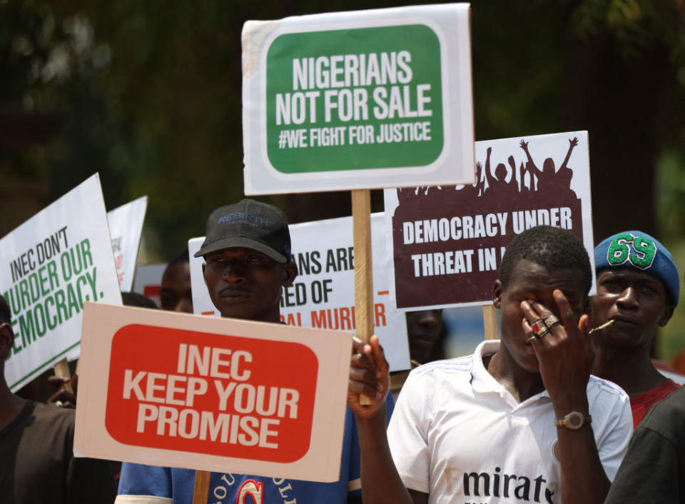 A group of people protest the outcome of the presidential elections in Abuja, Nigeria on March 1, 2023.<span class="copyright">Kola Sulaimon—AFP/Getty Images</span>