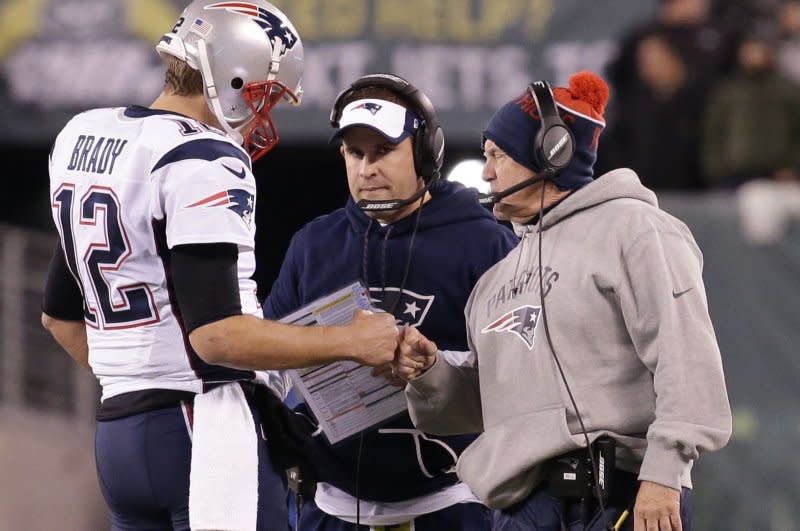 Former New England Patriots quarterback Tom Brady (L) and head coach Bill Belichick (R) won six Super Bowls together. File Photo by John Angelillo/UPI