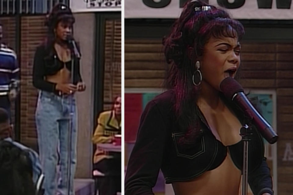 Ashley sings on stage in "The Fresh Prince of Bel-Air" while wearing a black bustier, bolero jacket and denim jeans