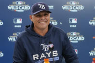 Tampa Bay Rays manager Kevin Cash smiles during an interview, Thursday, Oct. 6, 2022, in Cleveland, the day before their wild card baseball playoff game against the Cleveland Guardians. (AP Photo/Sue Ogrocki)