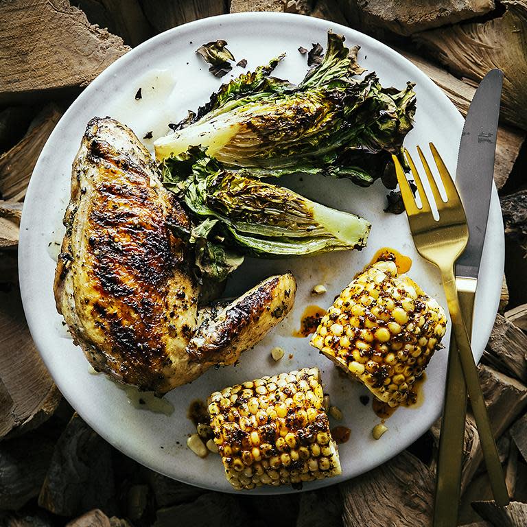 Grilled Chicken with Spicy Corn on the Cob and Grilled Lettuces