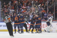 The Edmonton Oilers celebrate a goal against the St. Louis Blues during the first period of an NHL hockey game Friday, Jan. 31, 2020, in Edmonton, Alberta. (Jason Franson/The Canadian Press via AP)