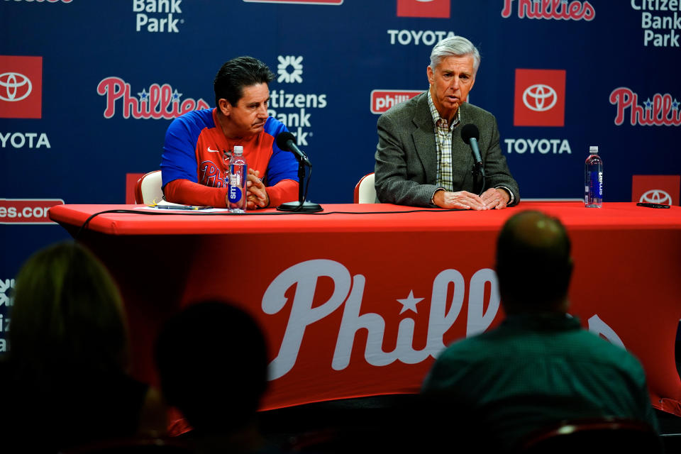 Philadelphia Phillies president of baseball operations Dave Dombrowski, right, and Phillies interim manager Rob Thomson take part in a news conference in Philadelphia, Friday, June 3, 2022. Joe Girardi was fired by the Phillies on Friday, after his team's terrible start, becoming the first major league manager to lose his job this season. (AP Photo/Matt Rourke)