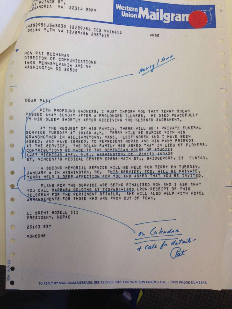 NCPAC President L. Brent Bozell messaged Pat Buchanan a personal invitation to Terry Dolan’s memorial service. - Credit: Courtesy Ronald Reagan Presidential Library