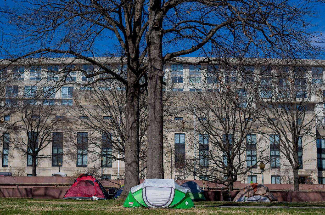Tents are seen at a homeless encampment in the Foggy Bottom neighborhood of Washington, D.C., on March 14, 2022.