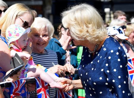 Britain's Camilla, Duchess of Cornwall, tickles a baby's feet as she greets well-wishers during a visit to Salisbury in southwest Britain, June 22, 2018. REUTERS/Toby Melville