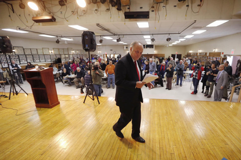 U.S. Rep. Steve King, R-Iowa, walks off stage after speaking at a town hall meeting, Saturday, Jan. 26, 2019, in Primghar, Iowa. (AP Photo/Charlie Neibergall)