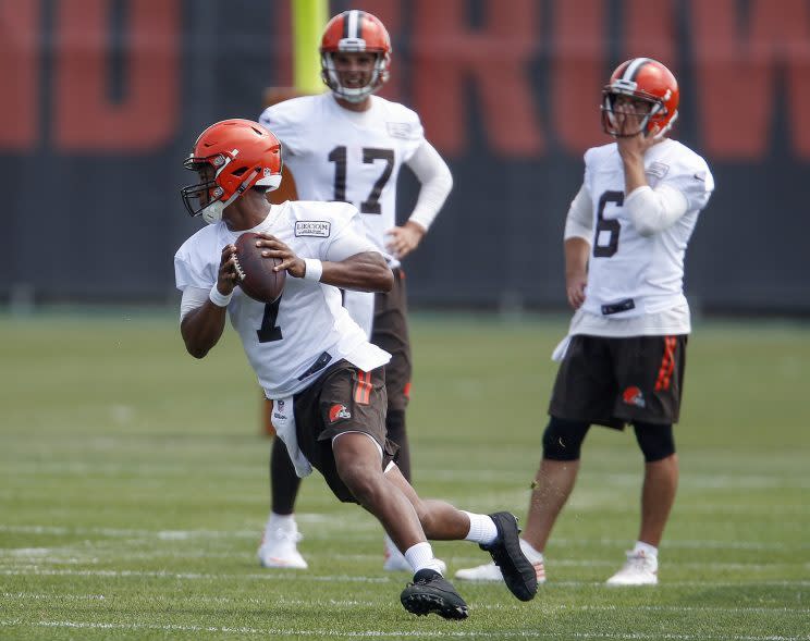 DeShone Kizer (7), Brock Osweiler (17) and Cody Kessler (6) will battle for the Browns' starting QB job. (AP)