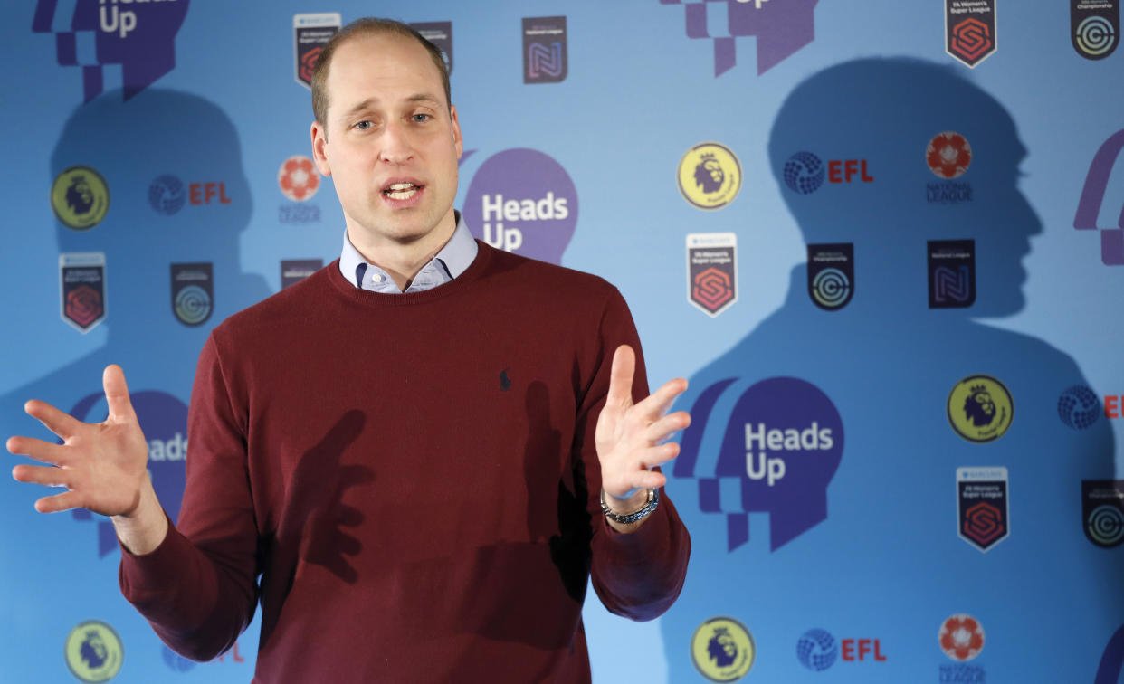 LONDON, ENGLAND - FEBRUARY 05: Prince William, Duke of Cambridge delivers a speech while launching The Heads Up Weekends on February 5, 2020 in London, England. The prince who is President of the Football Association (FA), attended a special event in London to launch The Heads Up Weekends, which will see every football team from all the leagues dedicate their matches to Heads Up, to highlight the importance of talking about mental health. (Photo by Frank Augstein - WPA Pool/Getty Images)