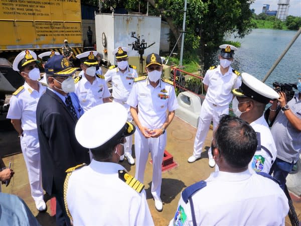 Chief of Naval Staff Admiral Karambir Singh meeting crew members (Photo/ANI)