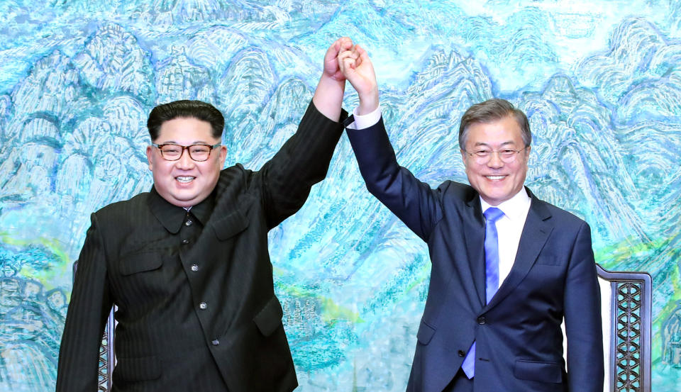 North Korean leader Kim Jong Un and South Korean President Moon Jae-in during the Inter-Korean Summit at the Peace House on April 27, 2018 in Panmunjom, South Korea.