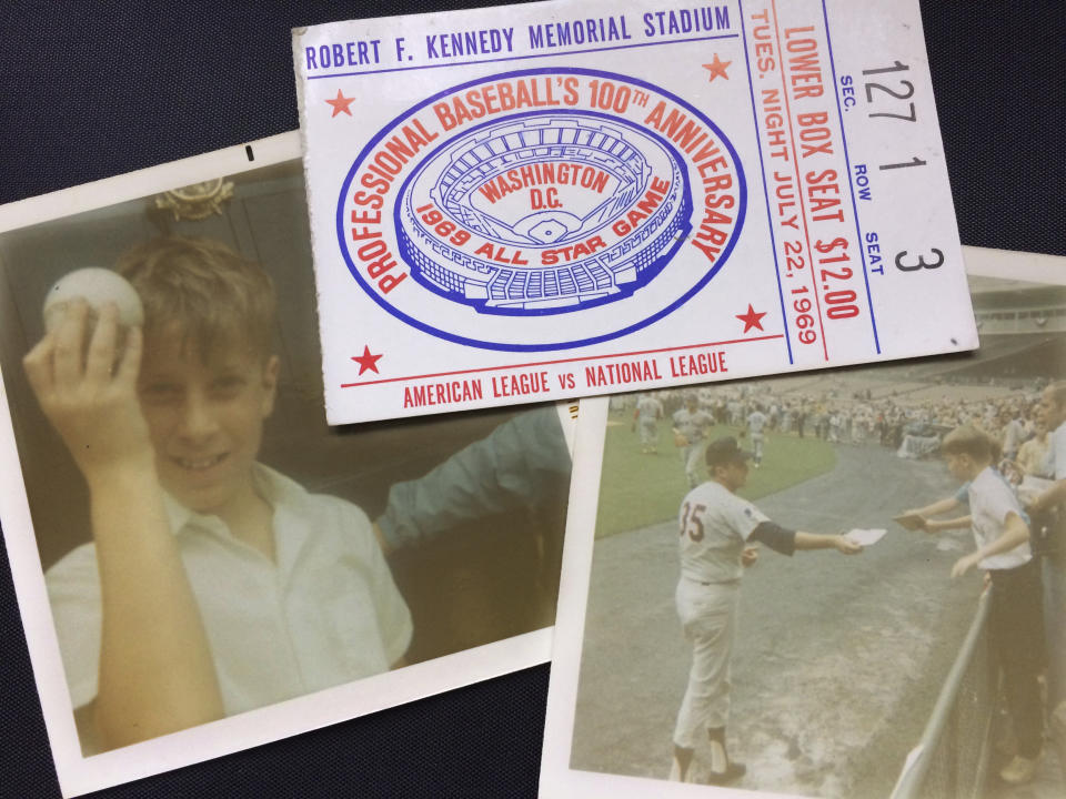 FILE - This collage of photos shows Associated Press baseball writer Ben Walker, left, holding the Johnny Bench foul ball that hit him in the head at the baseball All-Star game at RFK Stadium in Washington on July 23, 1969, Ben Walker reaching for an autograph from Atlanta Braves pitcher Phil Niekro, also on July 23, 1969, and the ticket to the game that was rained out on July 22 and played on July 23, 1969. (AP Photo/Ben Walker)