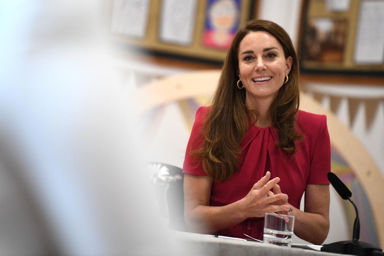 Britain's Catherine, Duchess of Cambridge takes part in a round table discussion during her visit to Connor Downs Academy in Hayle, Cornwall on the sidelines of the G7 summit on June 11, 2021. (Photo by DANIEL LEAL-OLIVAS / POOL / AFP) (Photo by DANIEL LEAL-OLIVAS/POOL/AFP via Getty Images)