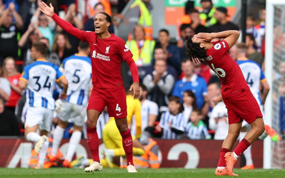 Trent Alexander-Arnold and Virgin van Dijk react after Brighton's equaliser - Listless Liverpool remain devoid of their familiar spark - GETTY IMAGES