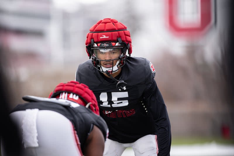 Tao Johnson practices during spring camp at the Spence and Cleone Eccles Football Center on Tuesday, March 26, 2024.