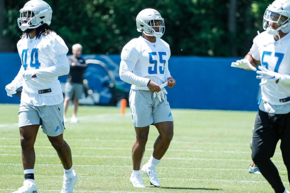 Detroit Lions linebacker Derrick Barnes (55) during organized team activity at Lions headquarters in Allen Park, Thursday, May 27, 2021.