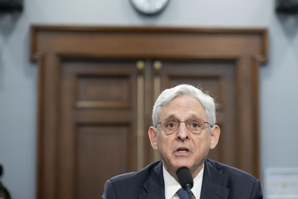 Attorney General Merrick Garland testifies before the House Committee on Appropriations, Subcommittee on Commerce, Justice, Science, and Related Agencies budget hearing on Capitol Hill, Monday, April 15, 2024, in Washington. (AP Photo/Kevin Wolf)