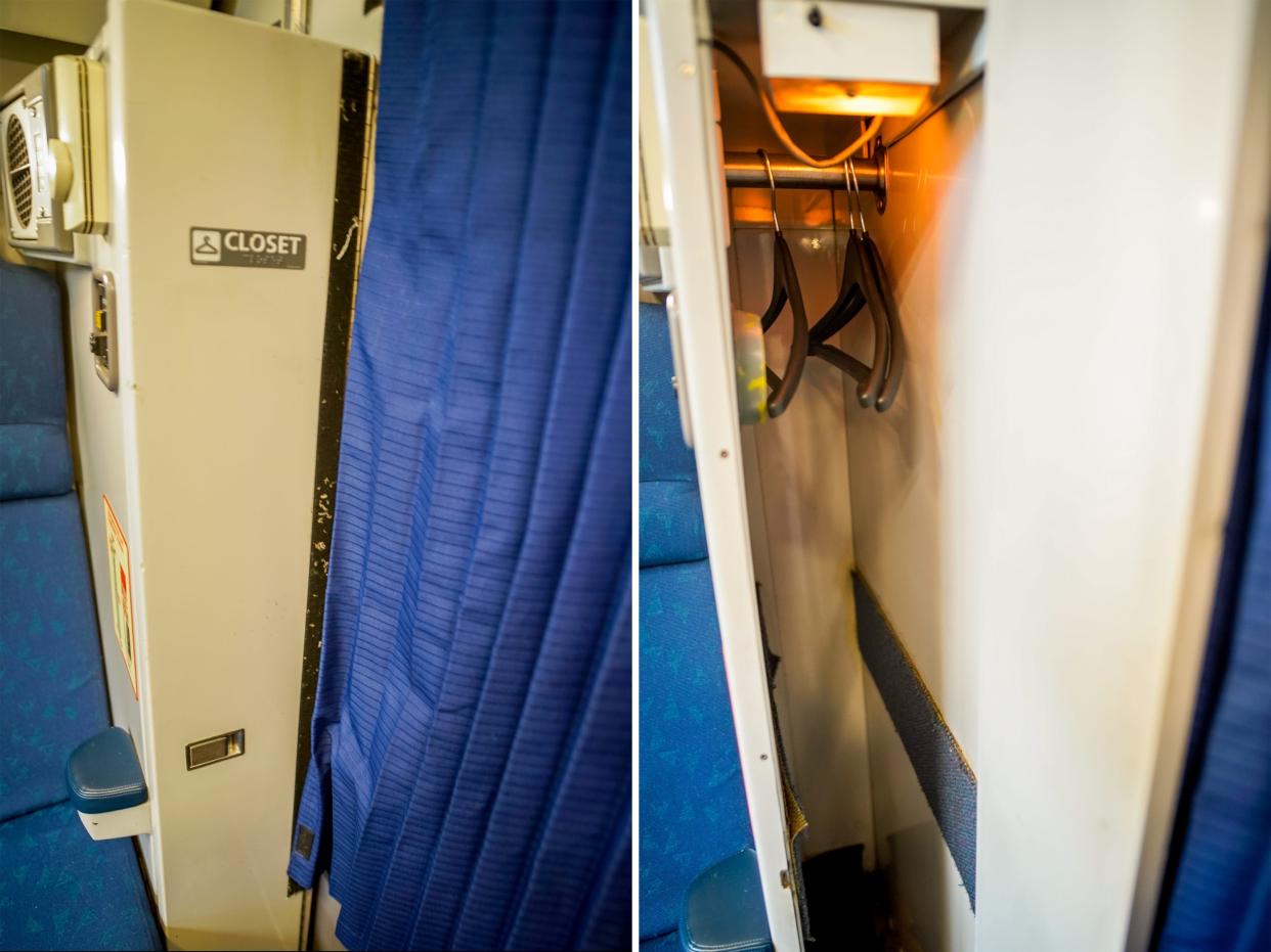 Side by side photos show the bathroom closet opened and closed