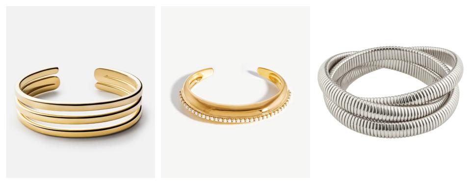 L-R: Gold plated bangle, was £380 now £230, Miansai; Pearl cuff bracelet, was £235 now £177, Missoma; Chunky silver-plated bracelet , was £29.99 now £15, Pilgrim 