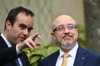 French Defense Minister Sebastien Lecornu, left, and Ukrainian Minister of Defense Oleksii Reznikov talk at the French Defense Ministry, in Paris Tuesday, Jan. 31, 2023. Ukraine's defense minister pays his first official visit to France, meeting with Macron and the defense minister, as Ukraine sets its sights on Western warplanes and other heavy weaponry to push back Russian forces. (Julie Sebadelha, Pool via AP)