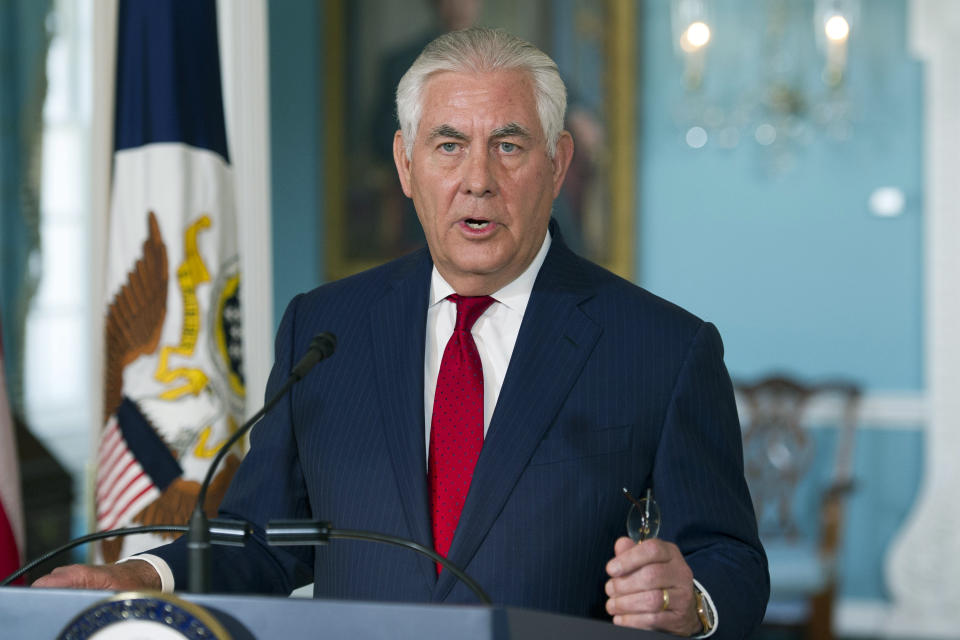 Tillerson makes a statement affirming his commitment to the Trump agenda in Washington last week. (AP Photo/Cliff Owen)