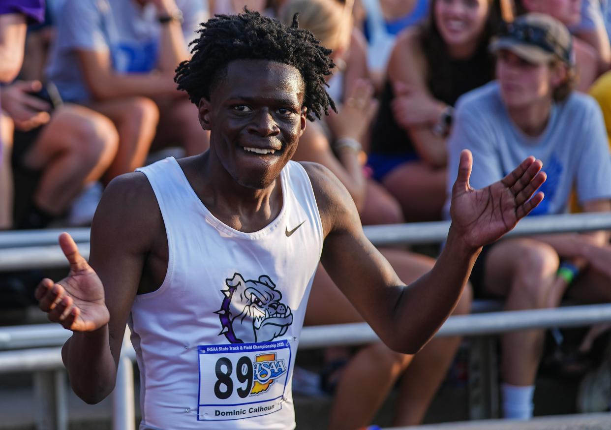 Brownsburg's Dominic Calhoun reacts to the final results Friday, June 2, 2023, during the IHSAA boys track and field state finals at Robert C. Haugh Track and Field Complex at Indiana University in Bloomington. 