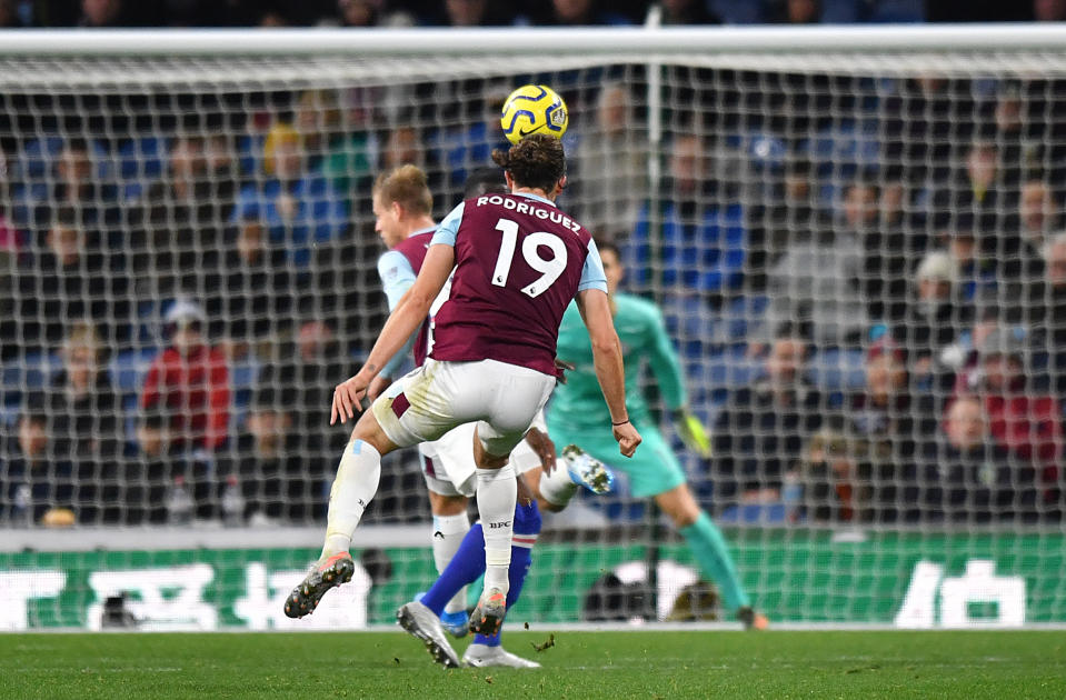 Burnley's Jay Rodriguez scores his side's first goal of the game during the Premier League match at Turf Moor, Burnley.