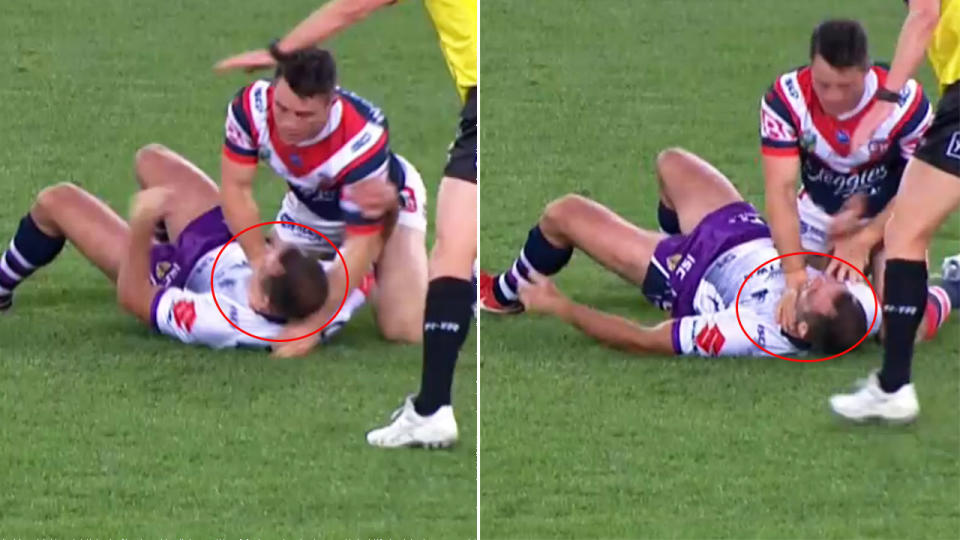 Cooper Cronk chokes Cam Smith after the late hit. Pic: Nine