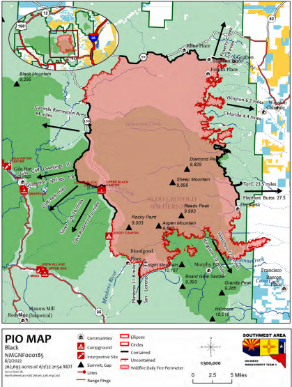 An updated map of the Gila National Forest's Black Fire shows the distance the blaze is from localities and landmarks Friday, June 3, 2022.