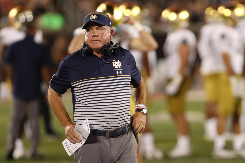 LOUISVILLE, KY - SEPTEMBER 02: Notre Dame Fighting Irish head coach Brian Kelly looks to the sideline during the game against the Notre Dame Fighting Irish and the Louisville Cardinals on September 2nd 2019, at Cardinal Stadium in Louisville, KY. (Photo by Ian Johnson/Icon Sportswire via Getty Images)