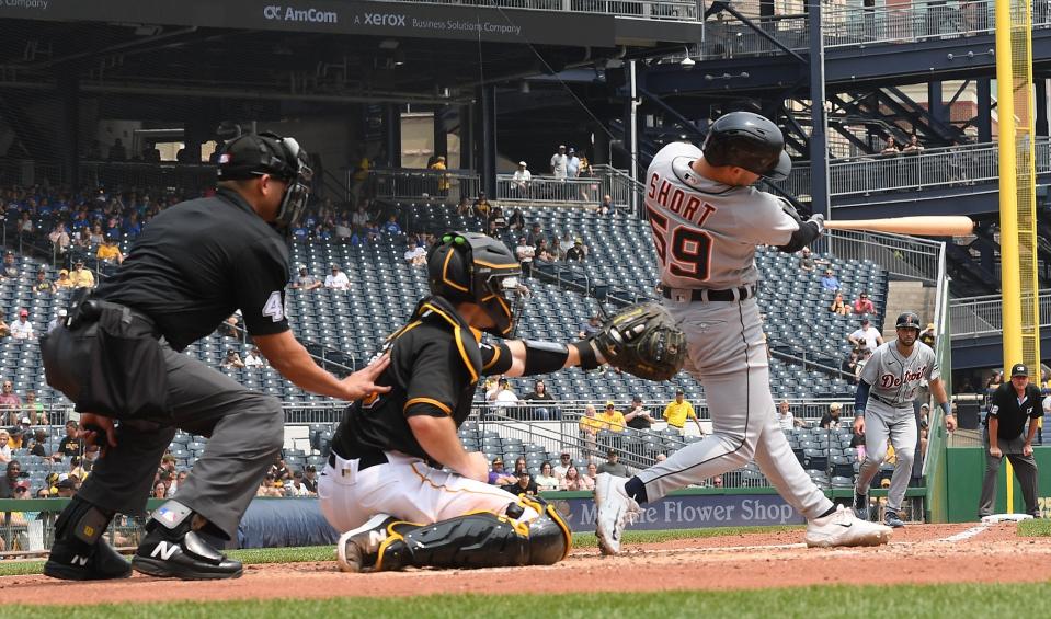 Zack Short of the Detroit Tigers hits a two-run RBI double in the fourth inning during the game against the Pittsburgh Pirates at PNC Park on August 2, 2023 in Pittsburgh, Pennsylvania.