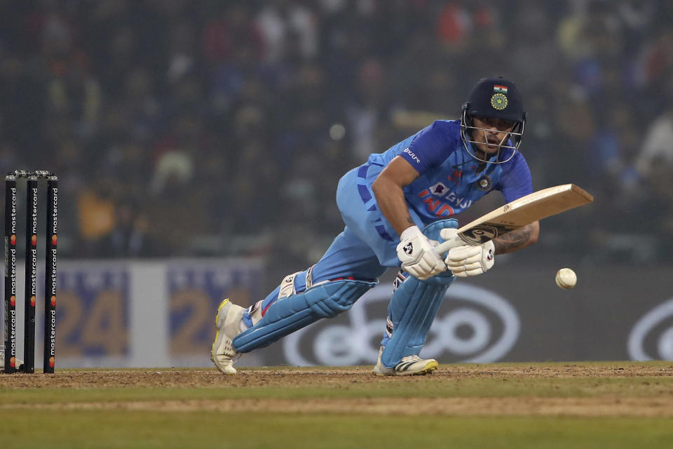 India's Ishan Kishan plays a shot during the second T20 international cricket match between India and New Zealand in Lucknow, India, Sunday, Jan. 29, 2023. (AP Photo/Surjeet Yadav)