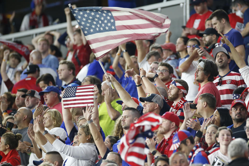 Fans celebrate after the United States defeated Costa Rica 2-1 in a World Cup qualifying soccer match Wednesday, Oct. 13, 2021, in Columbus, Ohio. (AP Photo/Jay LaPrete)