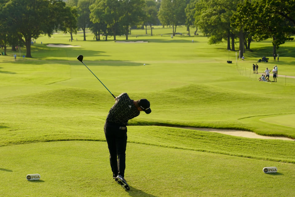 Lucas Herbert, of Australia, hits his tee shot on the fifth hole during the first round of the PGA Championship golf tournament at Southern Hills Country Club, Thursday, May 19, 2022, in Tulsa, Okla. (AP Photo/Eric Gay)