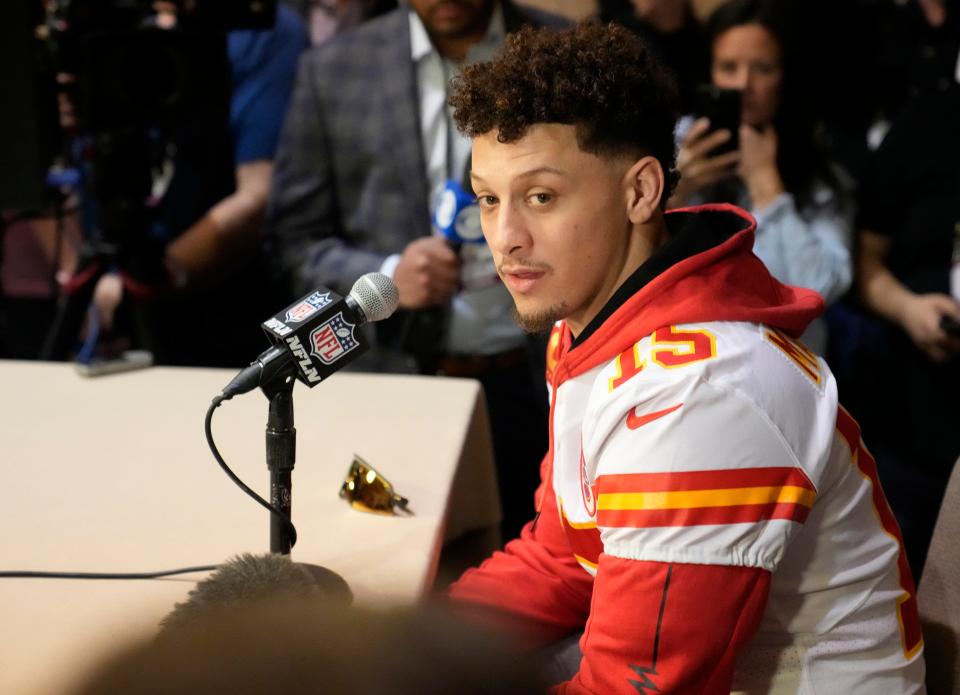 Kansas City Chiefs quarterback Patrick Mahomes answers questions during team media availability at Hyatt Regency Scottsdale Resort & Spa at Gainey Ranch on Feb. 7, 2023.