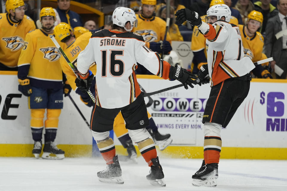 Anaheim Ducks center Ryan Strome (16) celebrates a goal with left wing Alex Killorn, right, during the first period of an NHL hockey game against the Nashville Predators, Tuesday, Jan. 9, 2024, in Nashville, Tenn. (AP Photo/George Walker IV)