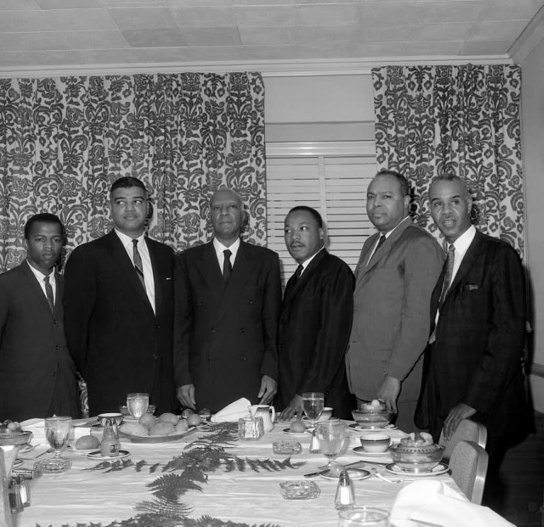 John Lewis (L), Martin Luther King Jr. (3rd R) and other major American leaders of the Black civil rights movement meet on July 6, 1963 ahead of the "March on Washington"