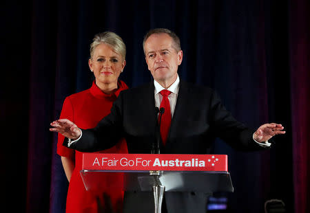 Australia's Labor Party leader Bill Shorten on stage with wife Chloe, concedes defeat at the Federal Labor Reception at Hyatt Place Melbourne, Essendon Fields, in Melbourne, Australia, May 18, 2019. AAP Image/David Crosling/via REUTERS