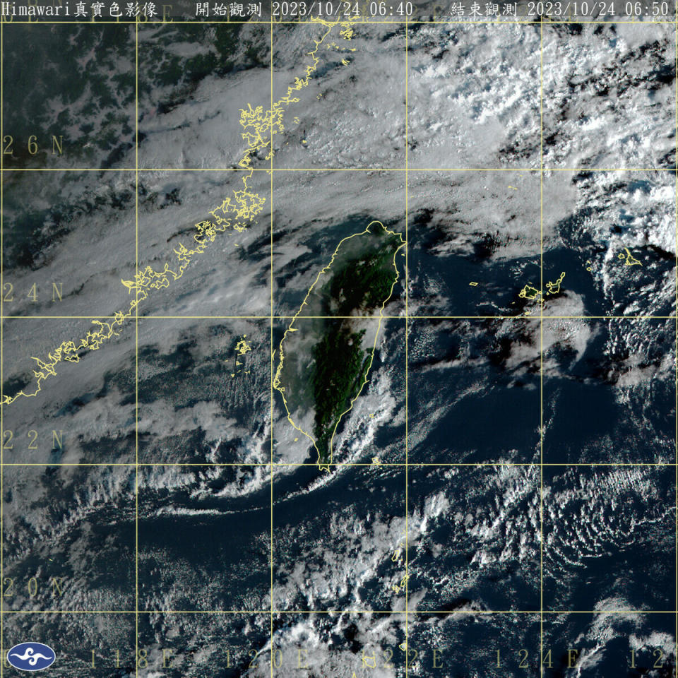 今天全台各地包括澎湖、金門、馬祖為多雲到晴，只有基隆北海岸與東半部地區將有零星短暫雨。   圖：中央氣象署／提供