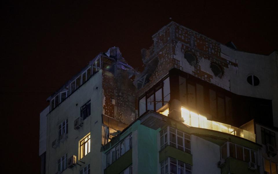 An apartment building damaged in Russia's overnight drone attack on Kyiv
