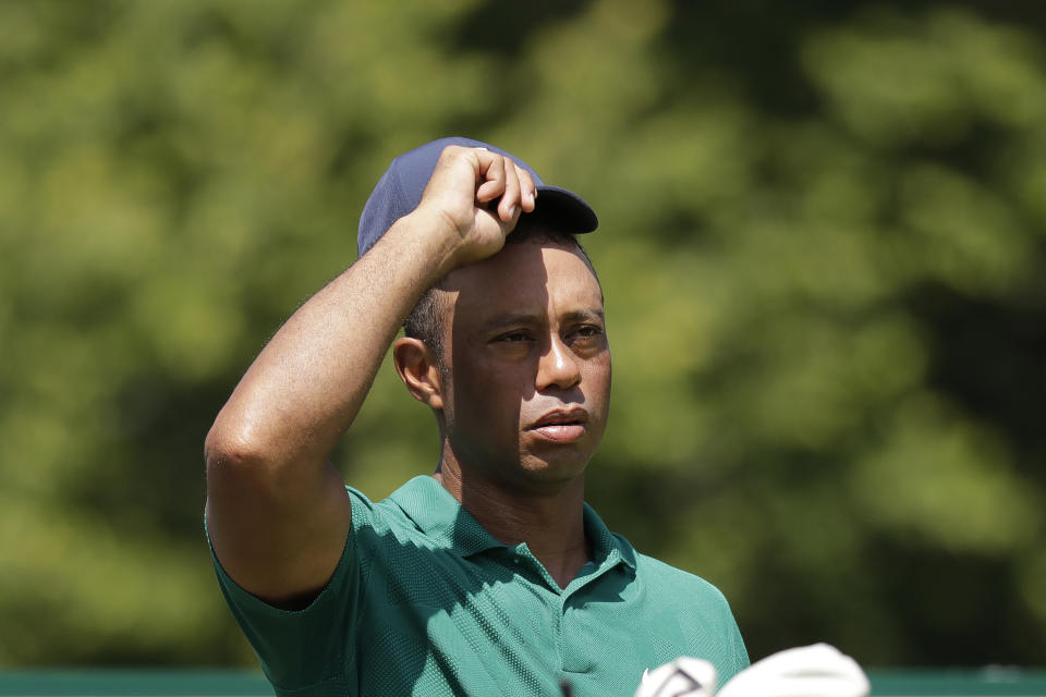 Tiger Woods looks out from the 18th tee during the third round of the Memorial golf tournament, Saturday, July 18, 2020, in Dublin, Ohio. (AP Photo/Darron Cummings)