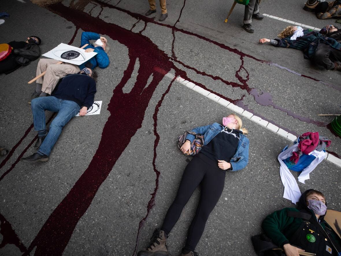 People lie on the ground while taking part in a die-in after members of Extinction Rebellion Vancouver spilled red liquid representing blood on the street outside B.C. Supreme Court on Saturday, February 27, 2021. The group is winding down and a new one aims to use less disruptive tactics. (Darryl Dyck/Canadian Press - image credit)