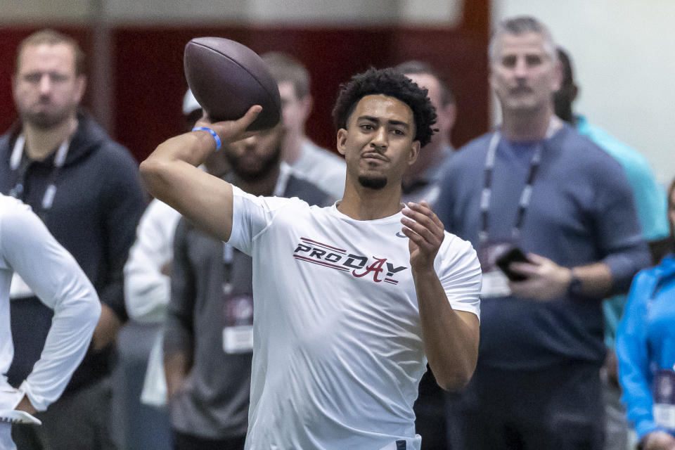 Former Alabama football quarterback Bryce Young works in position drills at Alabama's NFL pro day, Thursday, March 23, 2023, in Tuscaloosa, Ala. (AP Photo/Vasha Hunt)