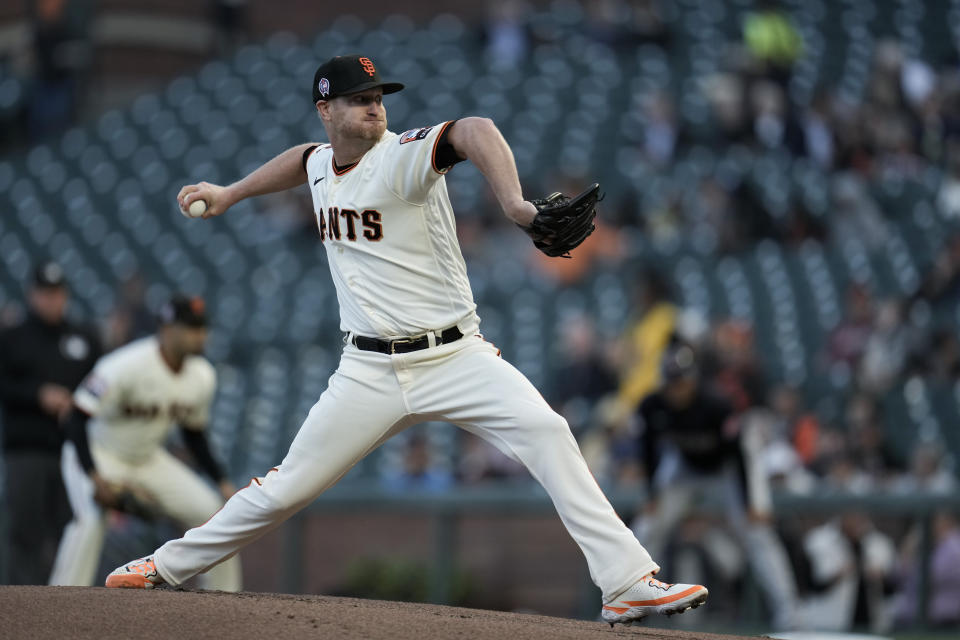 San Francisco Giants pitcher Alex Cobb throws to a Cleveland Guardians batter during the first inning of a baseball game Monday, Sept. 11, 2023, in San Francisco. (AP Photo/Godofredo A. Vásquez)