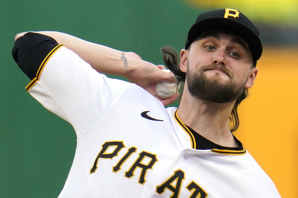 Pittsburgh Pirates starting pitcher JT Brubaker delivers during the second inning of the team's baseball game against the San Diego Padres in Pittsburgh, Saturday, April 30, 2022. (AP Photo/Gene J. Puskar)