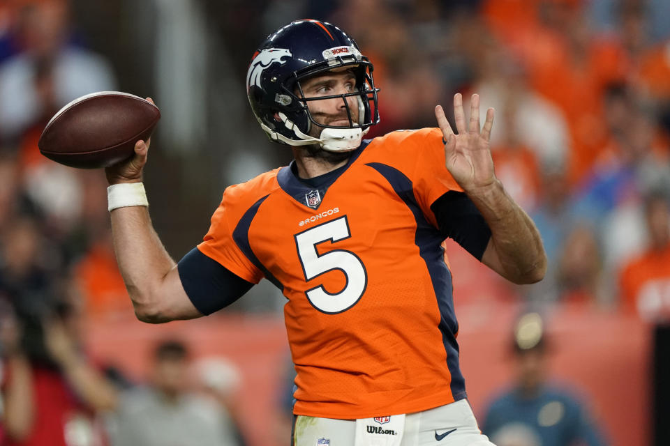 FILE - In this Oct. 17, 2019, file photo, Denver Broncos quarterback Joe Flacco (5) throws against the Kansas City Chiefs during the first half of an NFL football game in Denver. A person with knowledge of the move tells The Associated Press that the Denver Broncos are waiving Joe Flacco with a failed physical designation, putting another veteran NFL quarterback on the open market. The person spoke on condition of anonymity because the team didn't announce the decision. (AP Photo/Jack Dempsey, File)