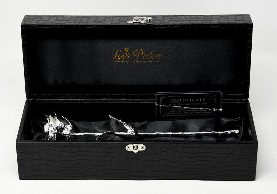 New silver dipped natural rose 11.5" - luxe noir gift box