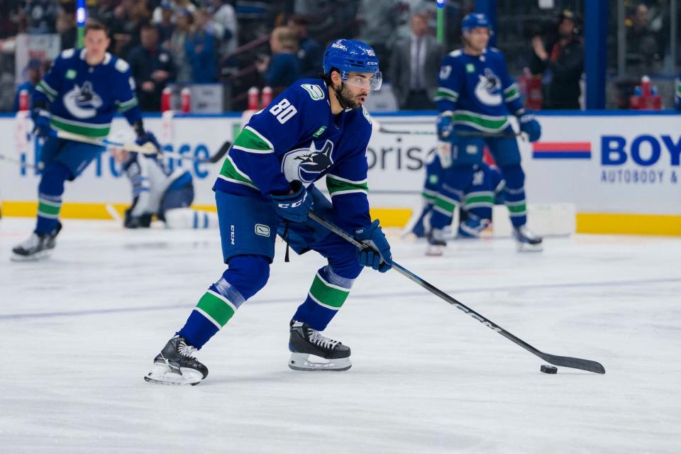 Vancouver Canucks forward Arshdeep Bains (80) handles the puck during warm up prior to a game against the Winnipeg Jets at Rogers Arena on Feb. 17, 2024.