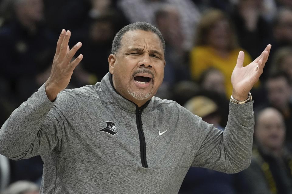 Providence head coach Ed Cooley reacts during the first half of an NCAA college basketball game Wednesday, Jan. 18, 2023, in Milwaukee. (AP Photo/Morry Gash)